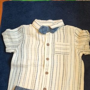Little Lad 2 PC Denim Shorts/Striped Short Sleeve Shirt w/Bow Tie Cotton 18M